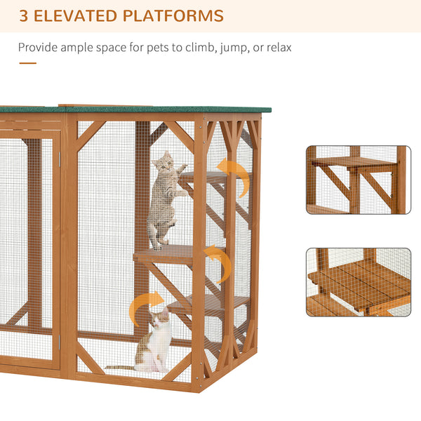Outdoor cat enclosure with waterproof roof, multi-level platforms and lock
