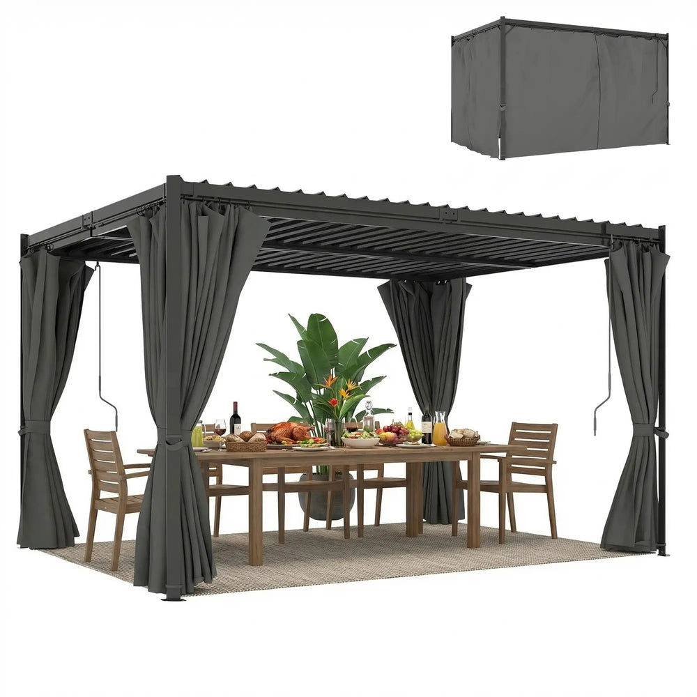 10 x 13 louvered pergola, steel roof and curtains, drainage gutters, grey