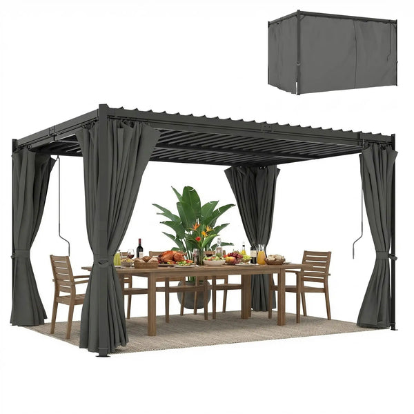 10 x 13 louvered pergola, steel roof and curtains, drainage gutters, grey