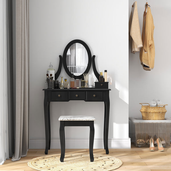 Dressing table with stool and 360° rotating oval mirror, black