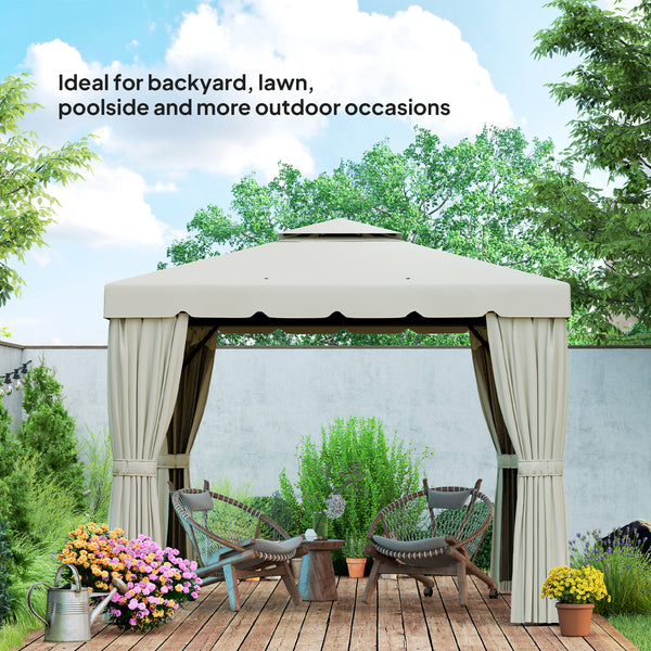 10' x 10' Outdoor Double Soft Top Gazebo with Curtains and Mosquito Netting, Cream White