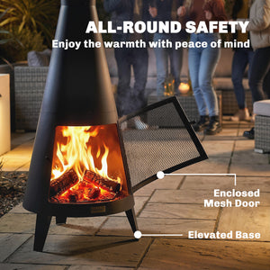 Outdoor wood-burning fire pit with chimney, poker, and spark screen, black