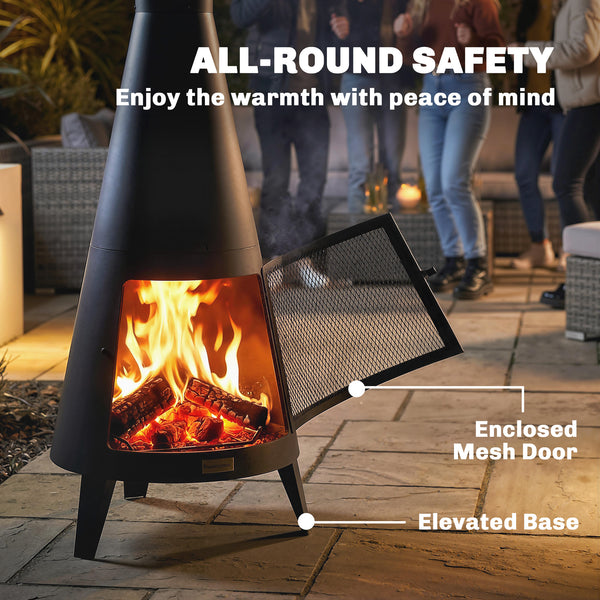 Outdoor wood-burning fire pit with chimney, poker, and spark screen, black