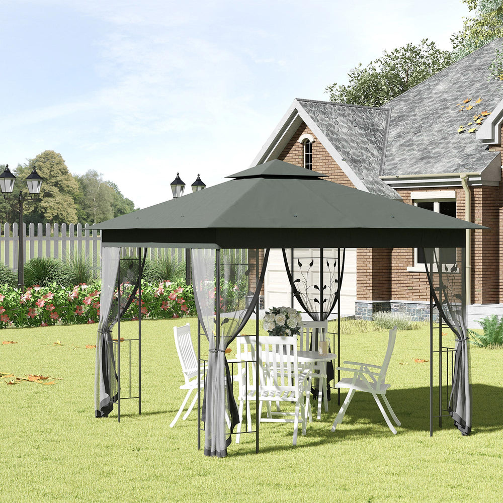 10'x10' Soft-top Steel Patio Gazebo Outdoor Sun Shelter with 2-Tier Polyester Roof, Curtain Sidewalls, Grey