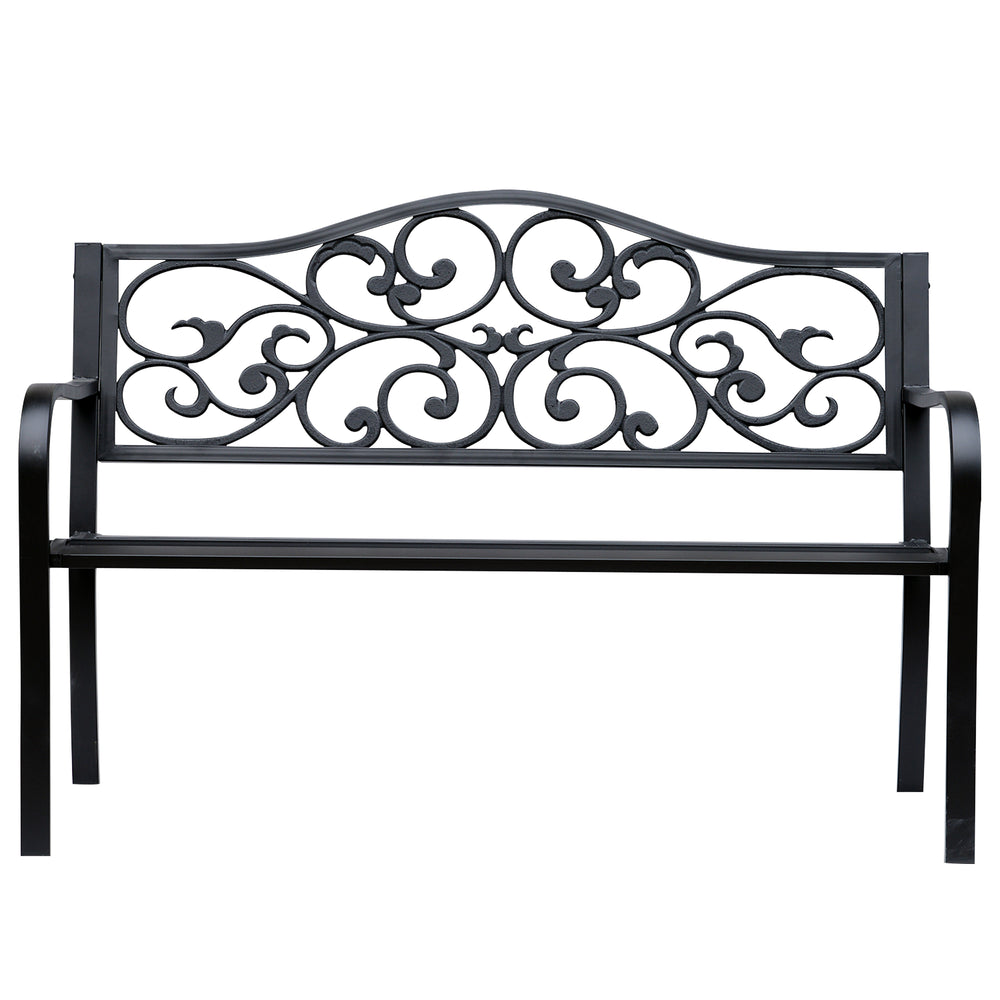 Outdoor garden bench with vintage floral pattern, cast metal, black