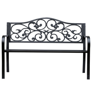 Outdoor garden bench with vintage floral pattern, cast metal, black