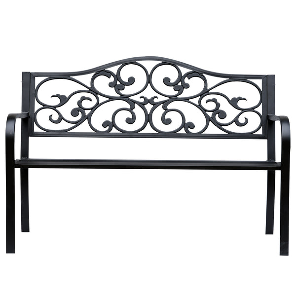 Outdoor garden bench with vintage floral pattern, cast metal, black