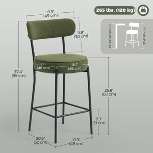 Set of 2 upholstered bar stools in corduroy, green