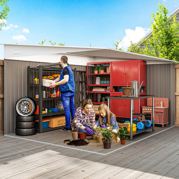 Grey steel garden shed with double sliding doors and 2 vents