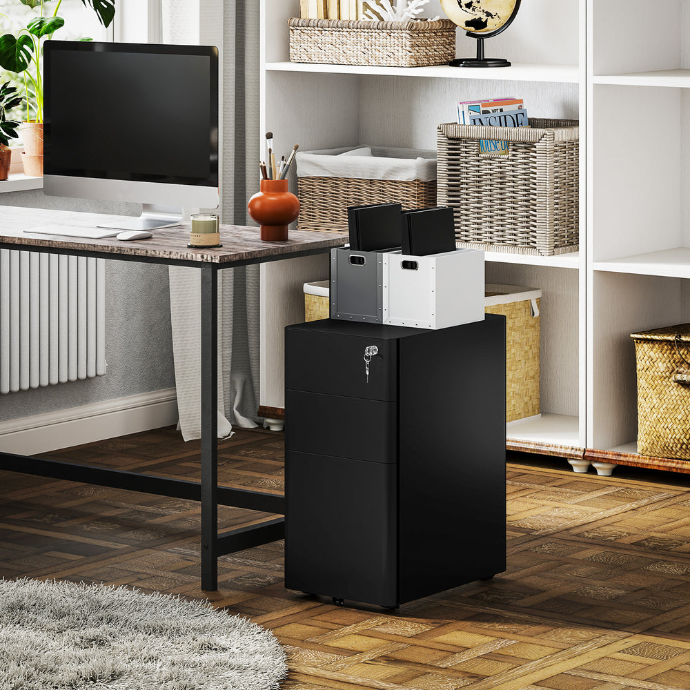 3-Drawer Filing Cabinet, Lockable Steel Storage Cabinet with Hanging Bar for Letter, A4 and Legal Files, Black