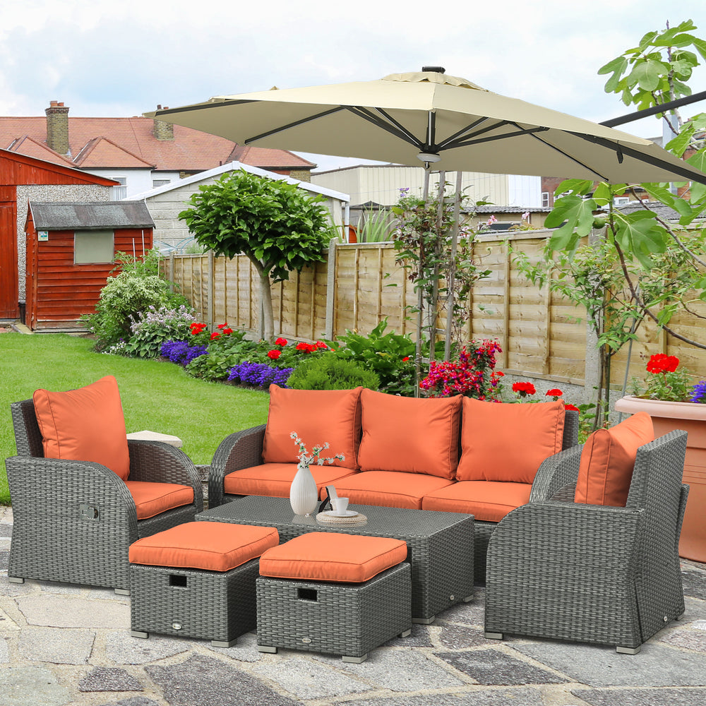 Patio Furniture with Cushions, 6 Pieces PE Wicker Patio Sectional Furniture Conversation Set w/ a Three-Seat Sofa, 2 Recliner Chairs, 2 Footstools & Table, Orange