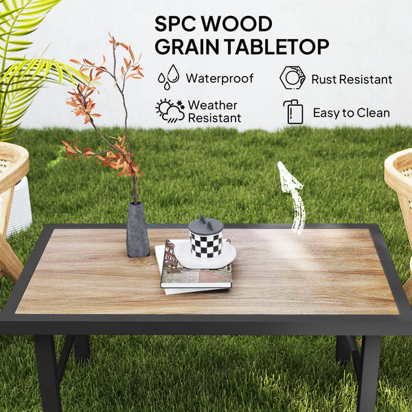 Outdoor side table with wood-look top, metal frame for garden, brown