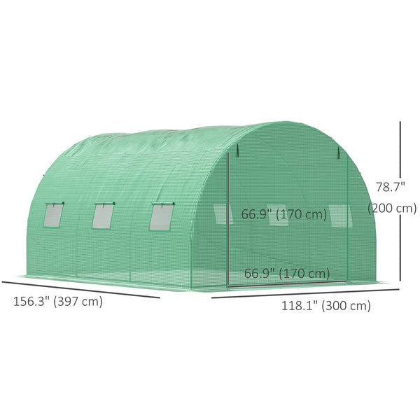 Green tunnel greenhouse with zip-up door and 6 mesh windows