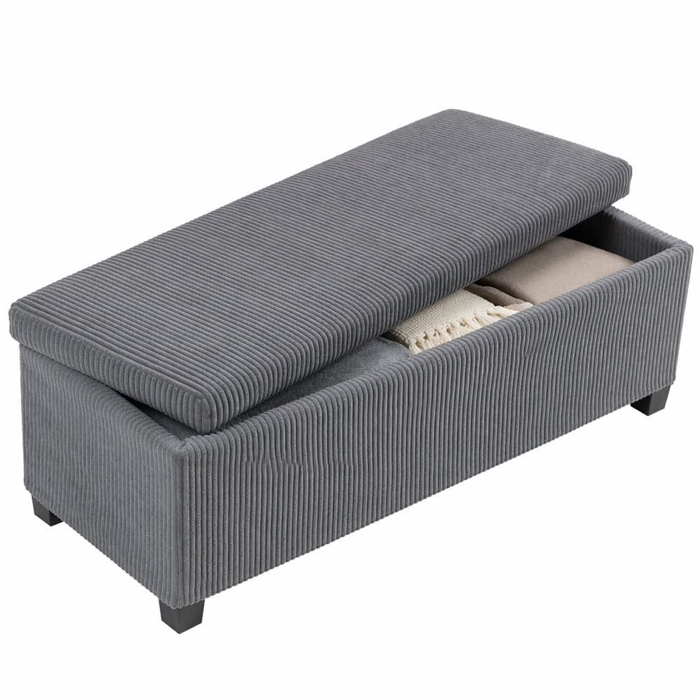Corduroy storage ottoman bench with padded seat – Grey