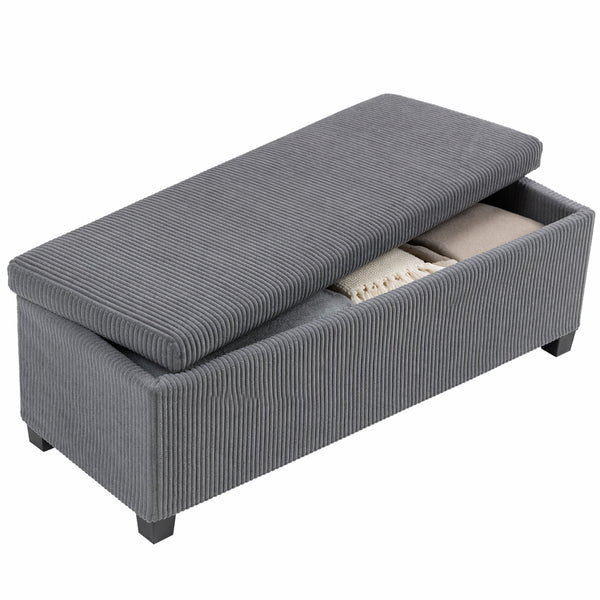 Corduroy storage ottoman bench with padded seat – Grey