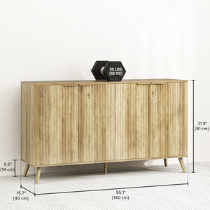 Modern Sideboard with 4 Fluted Doors and 2 Adjustable Shelves for Kitchen and Living Room, Natural