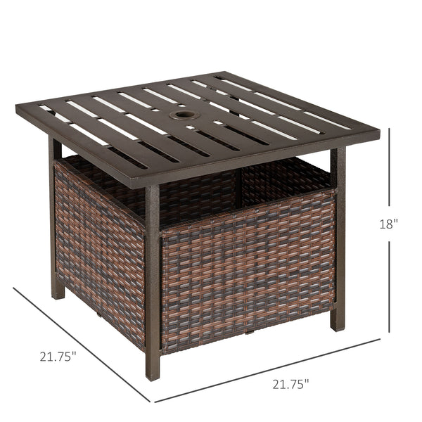 Outdoor patio coffee table in woven rattan with parasol hole, brown