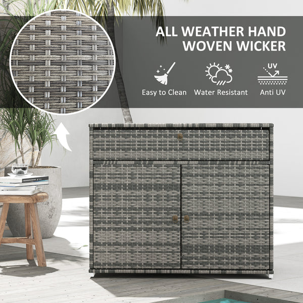 2-door wicker outdoor storage cabinet with drawer, grey