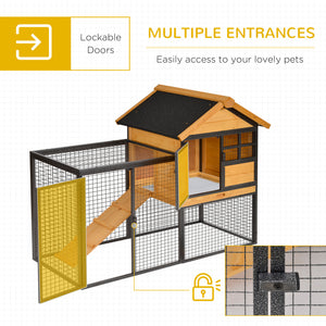 Outdoor hutch with run, sturdy metal frame, asphalt roof, and access ramp