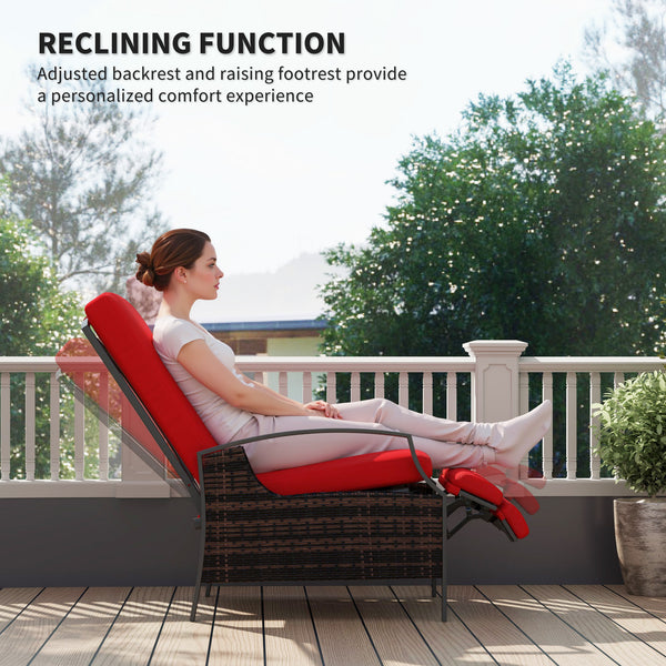 Outdoor Rattan Recliner Chair with Adjustable Backrest and Retractable Footrest, Wine Red Color