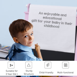 3 in 1 Wooden Art Easel with Paper Roll, Chalkboard and Whiteboard, Pink