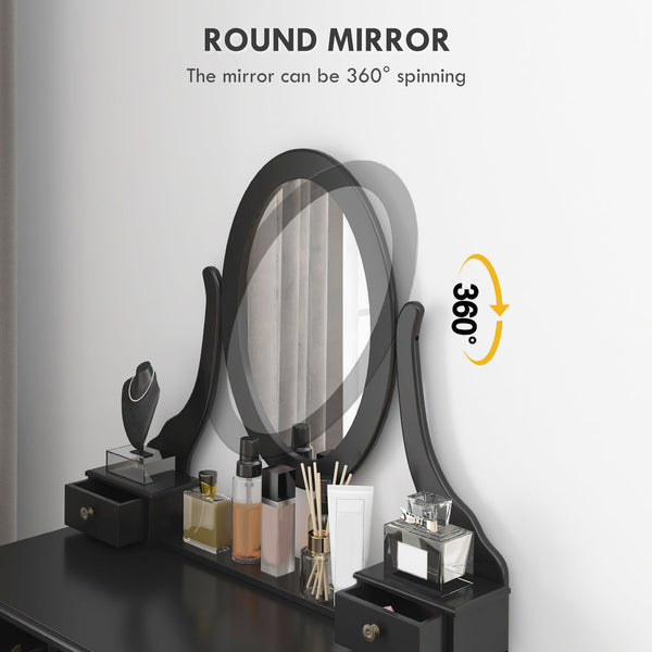 Dressing table with stool and 360° rotating oval mirror, black