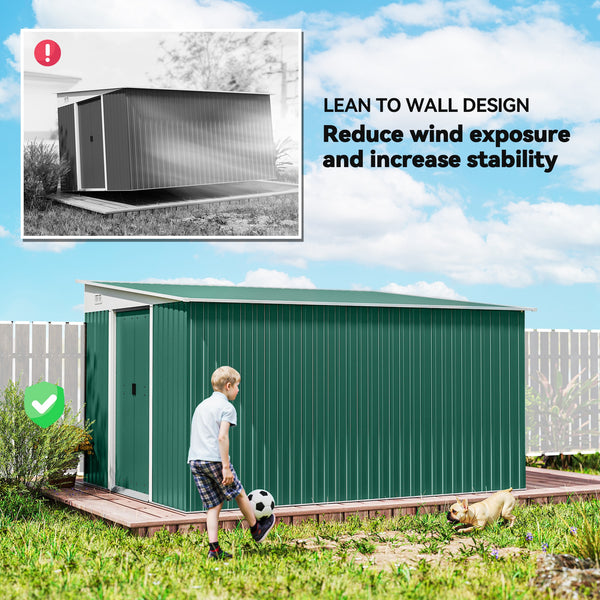 Steel garden shed with double sliding doors and 2 vents, green