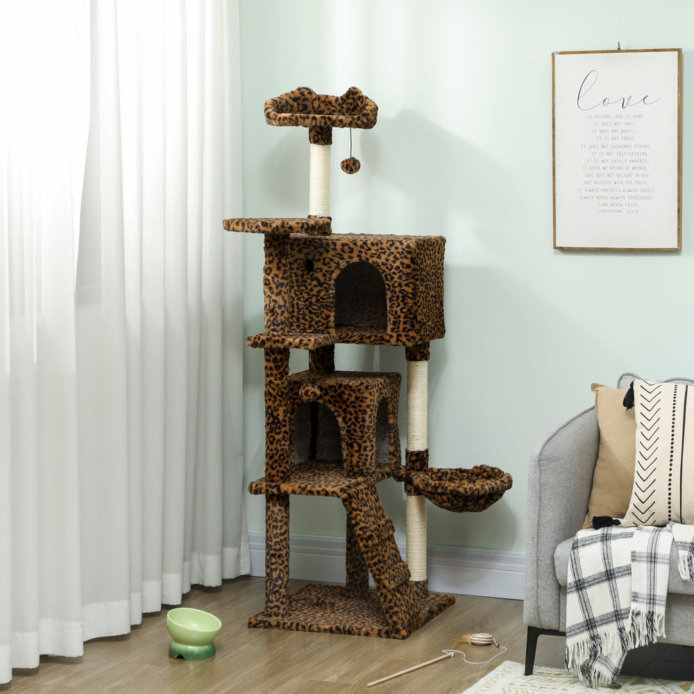 160cm Cat Tree with Sisal Scratching Posts, Cabins, Soft Perches, Hammock, Leopard Print