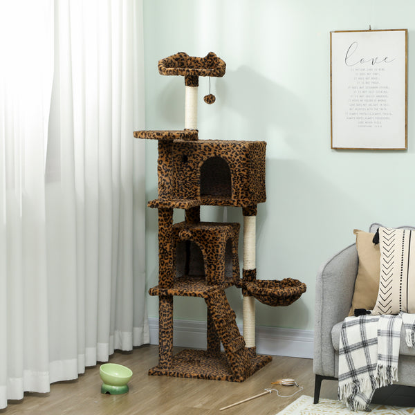 160cm Cat Tree with Sisal Scratching Posts, Cabins, Soft Perches, Hammock, Leopard Print
