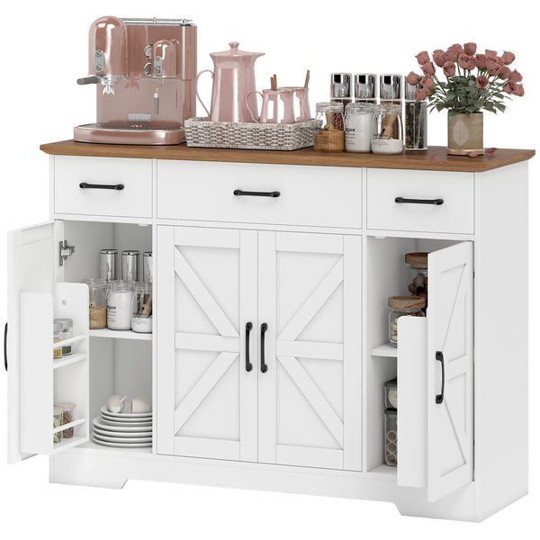 47" Buffet with Soft-Close Hinges, Country Style, with 3 Drawers, Adjustable Shelves, and Spice Rack, White