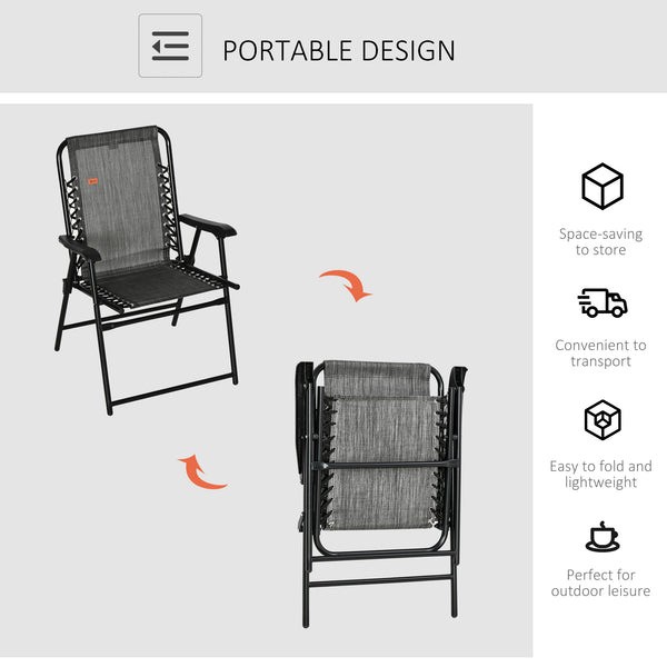 Folding outdoor chair with armrests and elastic backrest, grey