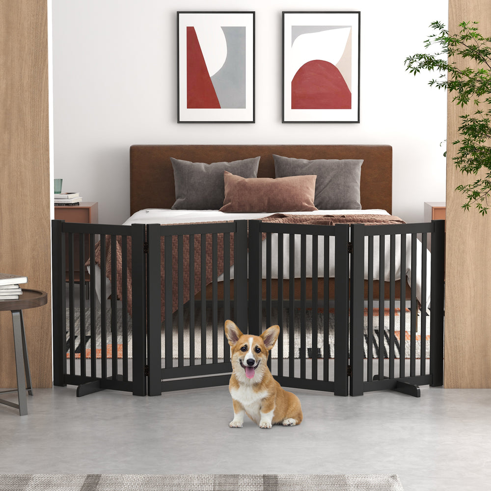Freestanding 4-Panel Black Wooden Pet Gate