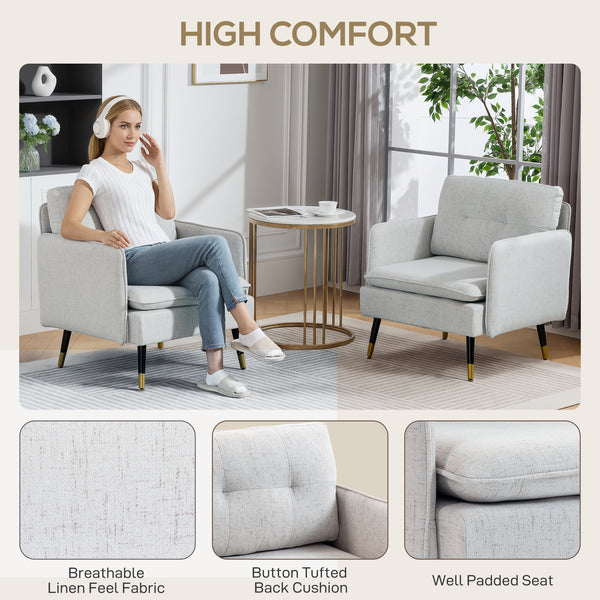 Set of 2 upholstered accent chairs with tufted back and steel legs, grey