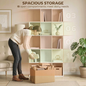 5-Tier S-Shaped Geometric Bookshelf with 15 Compartments, White Wood Look