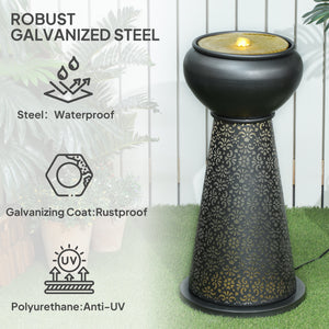 Outdoor Fountain with LED Lights, Adjustable Flow Garden Waterfall with Cutout Floral Base, Dark Gray and Yellow