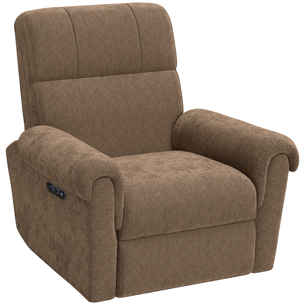 Electric reclining chair, upholstered in fabric, with USB ports, swivel and rocking function, and footrest.