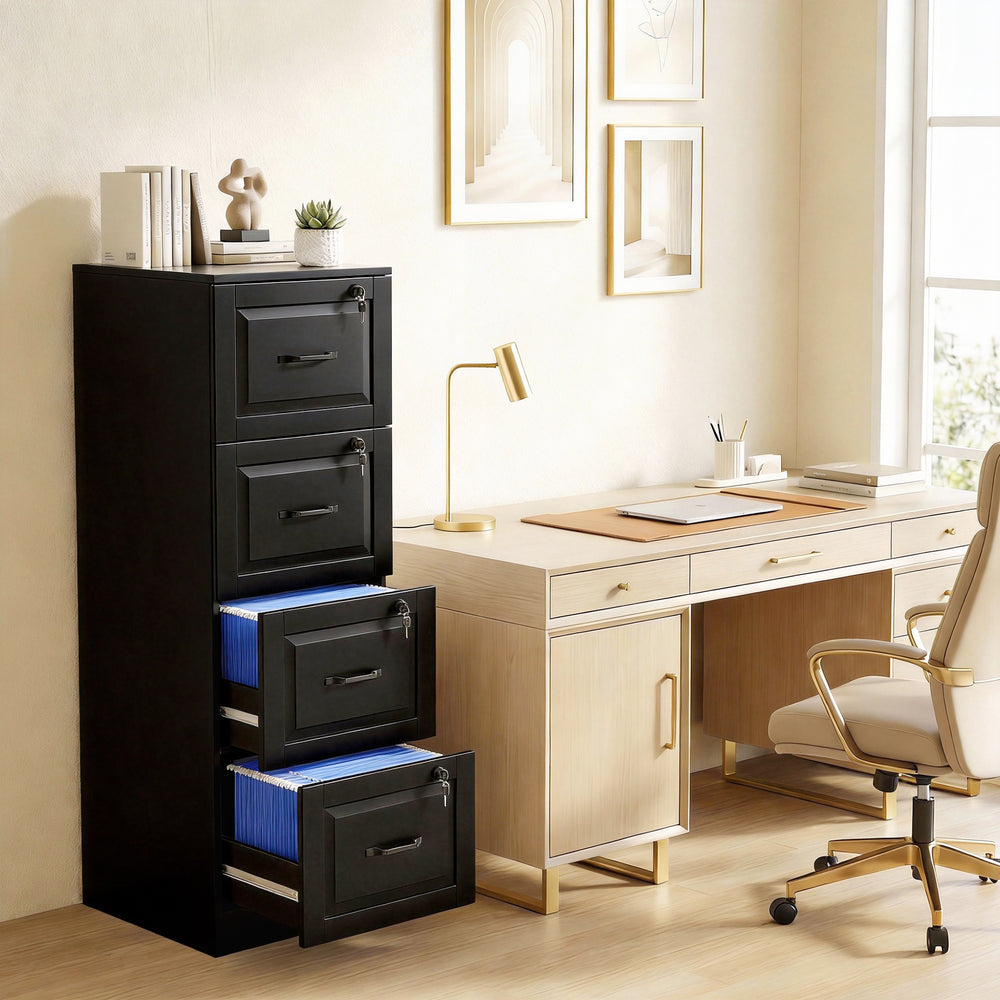 4-drawer vertical filing cabinet with lock, equipped with adjustable hanging rails for A4 and Letter sizes, black.