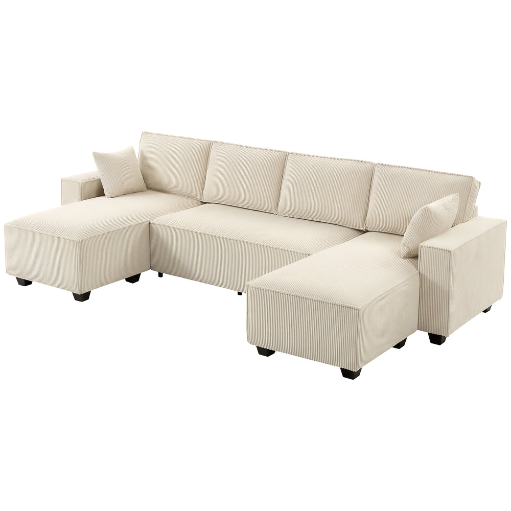 Modular U-shaped sectional sofa with double chaise longue and spring cushions, beige