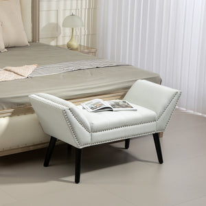 Modern upholstered bench with arms and nailhead trim, white