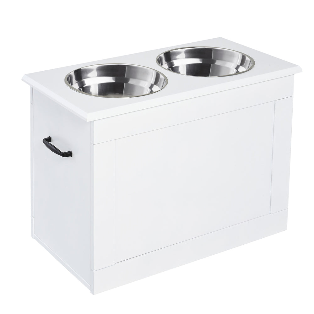 Raised bowls with storage, 2 stainless steel bowls, white
