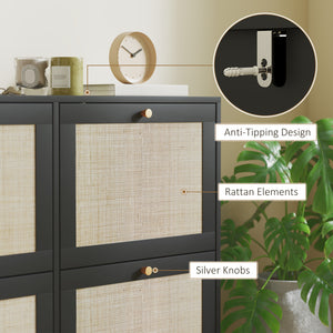 Rattan shoe cabinet with 4 drop-down drawers and adjustable shelves for 20 pairs, black