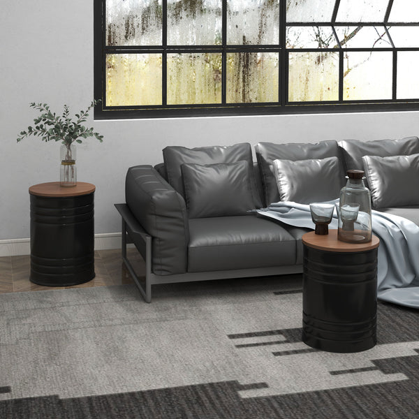 Set of 2 round side tables with wooden lid, black