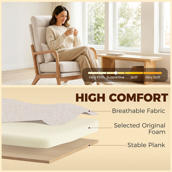 Fauteuil d'appoint moderne en lin avec coussin lombaire, dossier haut, assise large, coussin épais, structure en bois massif, blanc crème