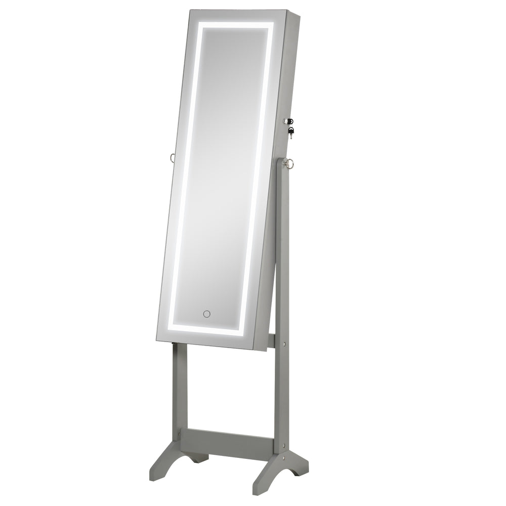Lockable jewelry cabinet with LED lighting, standing mirror, gray