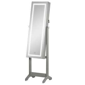 Lockable jewelry cabinet with LED lighting, standing mirror, gray