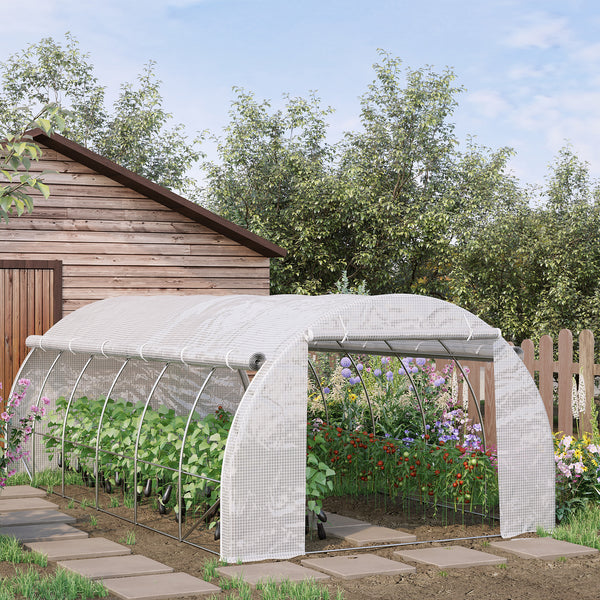 Tunnel greenhouse with UV-resistant cover, zipped door and 12 roll-up windows