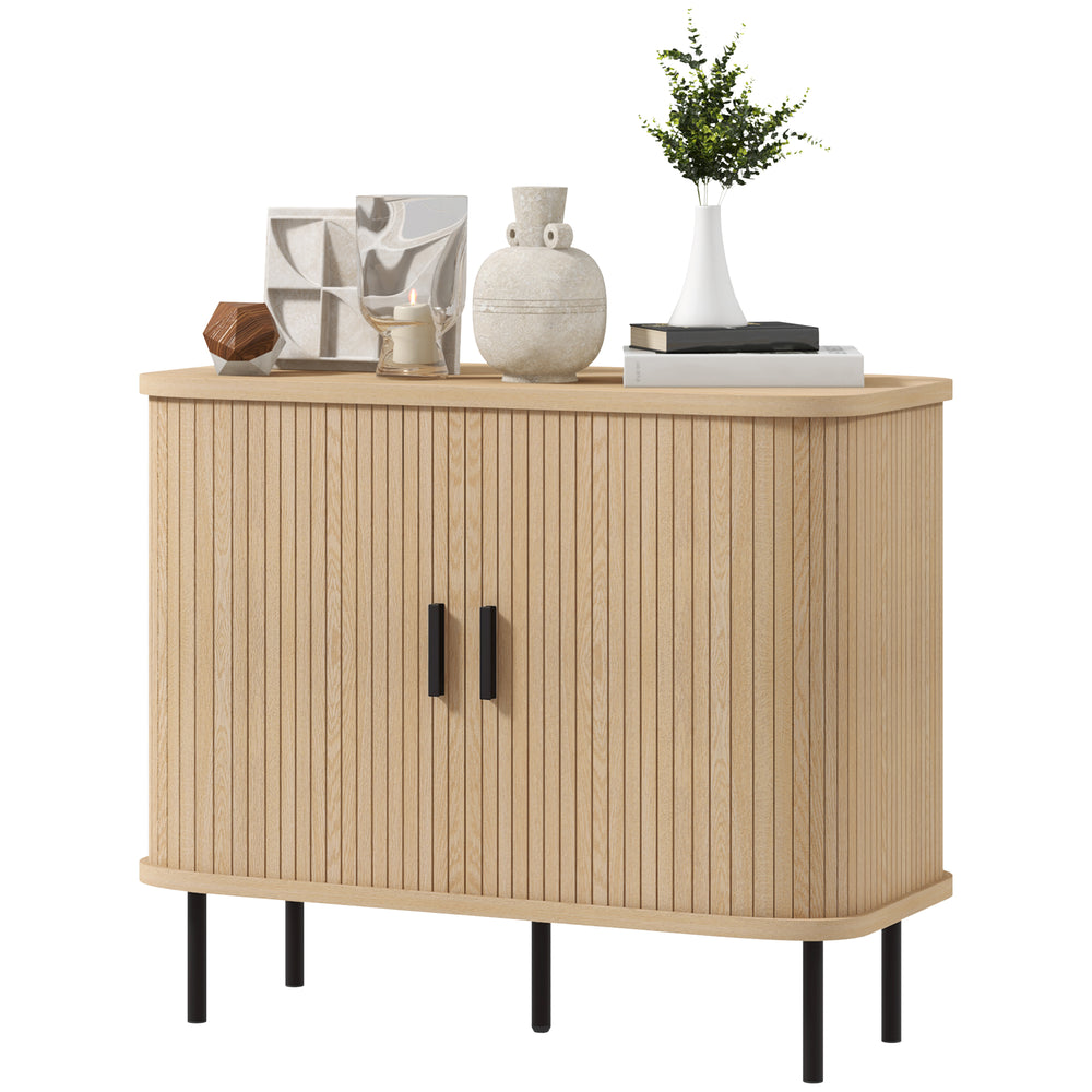 Nordic sideboard with tambour doors and metal legs, oak