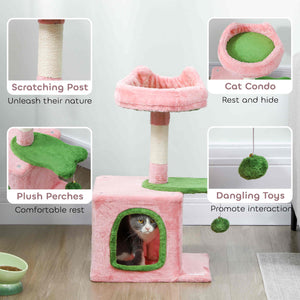 71cm Cat Tree with Soft Bed, Comfortable Cave, Scratching Post and Hanging Ball, Pink and Green