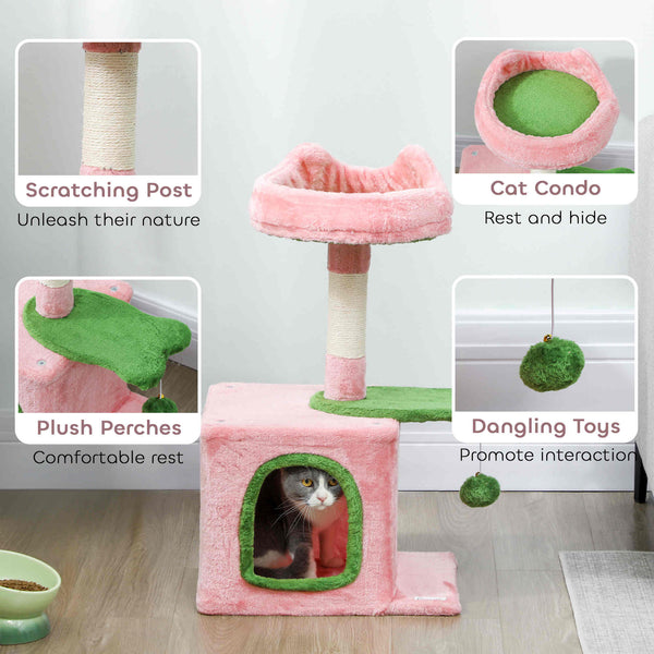 71cm Cat Tree with Soft Bed, Comfortable Cave, Scratching Post and Hanging Ball, Pink and Green