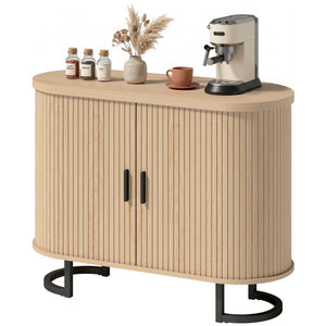 Sideboard Buffet Cabinet with Curved Tambour Doors, Thick Tabletop and Arc Metal Legs Natural Wood